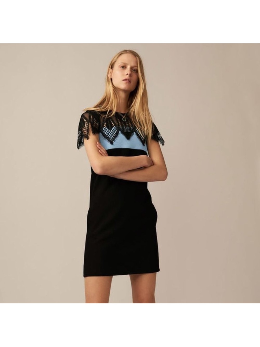 Maje Black and Light Blue Lace-Trim Midi Dress